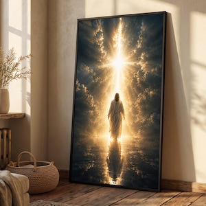 Strahlender Lichtpfad, spirituelles Leinwandbild, leuchtende Kreuzwolken, göttliche Silhouette, inspirierende Wohndekoration