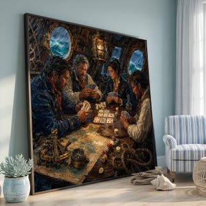 May include: A framed oil painting depicting four people playing cards around a wooden table inside a ship cabin. The scene features a nautical map, a sextant, a compass, and a lantern. Through two portholes, stormy blue ocean waves are visible.