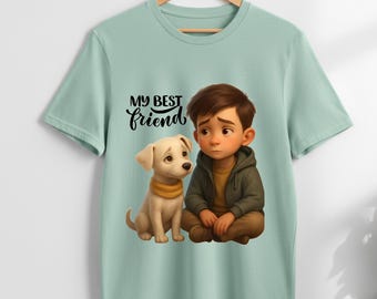 Junge und Welpe als Freund (PNG-Format), Sublimationsdesign für Kinder-T-Shirts (Digitaler Download)