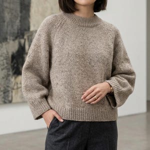 以下が含まれることがあります： リブ編みのクルーネック、リブ編みの袖口、リブ編みの裾を備えた、ベージュの斑点模様の長袖ニットセーター。このセーターはラグランスリーブのゆったりとしたフィット感で、ダークチャコールグレーのズボンと組み合わされています。