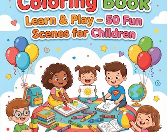 Puede incluir: Ilustración colorida para la portada de un libro para colorear infantil. El título "Kids' Joyful Coloring Book" se muestra sobre el texto "Learn & Play - 50 Fun Scenes for Children". La imagen muestra niños coloreando, jugando con una pelota y mascotas.