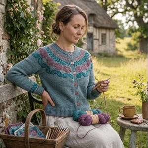Może przedstawiać: Kobieta w turkusowym kardiganie z kwiatowym wzorem, siedząca na zewnątrz. Drewniany kosz zawiera szydełka i kwadraty. Dwa motki przędzy, turkusowej i fioletowej, leżą na jej kolanach. Filiżanka kawy stoi na małym stoliku, sugerując motyw robótek ręcznych.