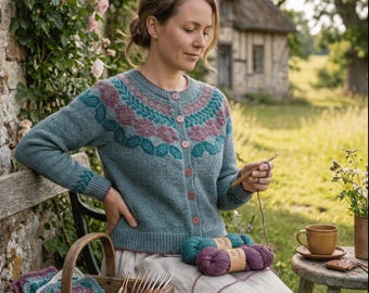 Wildblumen Heirloom Strickjacke Strickmuster – Florale Passe Colorwork Pullover (PDF Download)