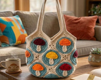 Crochet Mushroom Tote Pattern – Granny Square Market Bag (PDF)