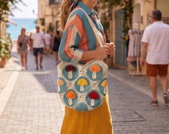 Crochet Mushroom Tote Pattern – Granny Square Market Bag (PDF)
