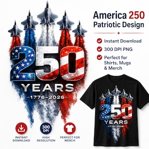 Puede incluir: Un diseño de camiseta negra con aviones a reacción y estelas de vapor rojas, blancas y azules, y el texto "250 YEARS -1776-2026". El diseño también incluye el texto "America 250 Patriotic Design".