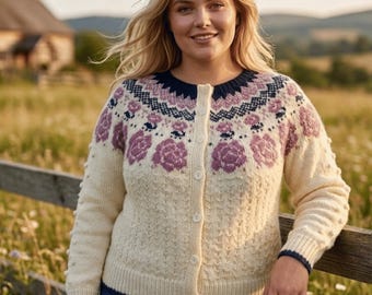 Strickmuster für eine Rosen-Strickjacke, florales Farbmuster (PDF), Größen XS–4XL