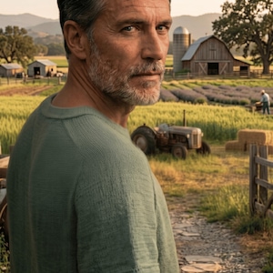 Puede incluir: Un hombre con una camisa verde mira por encima del hombro. El fondo muestra una granja con un granero, campos y un tractor. La escena est&aacute; ba&ntilde;ada por la c&aacute;lida luz del sol, lo que sugiere un entorno rural.