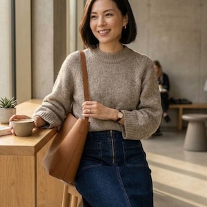 Può includere: Un maglione in maglia beige maculato con maniche lunghe e girocollo a coste, abbinato a una gonna in denim blu scuro con chiusura a zip frontale e una borsa a spalla in pelle marrone chiaro con un unico cinturino.