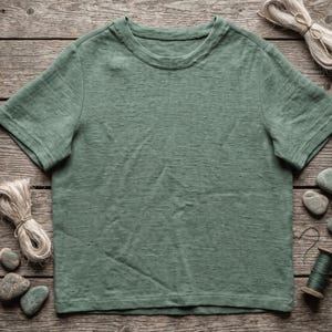 Puede incluir: Una camiseta verde salvia con cuello redondo y mangas cortas. La camiseta est&aacute; hecha de tela texturizada y se muestra sobre una superficie de madera r&uacute;stica. Hilo natural, piedras peque&ntilde;as y una bobina de hilo verde est&aacute;n dispuestas alrededor de la camiseta.