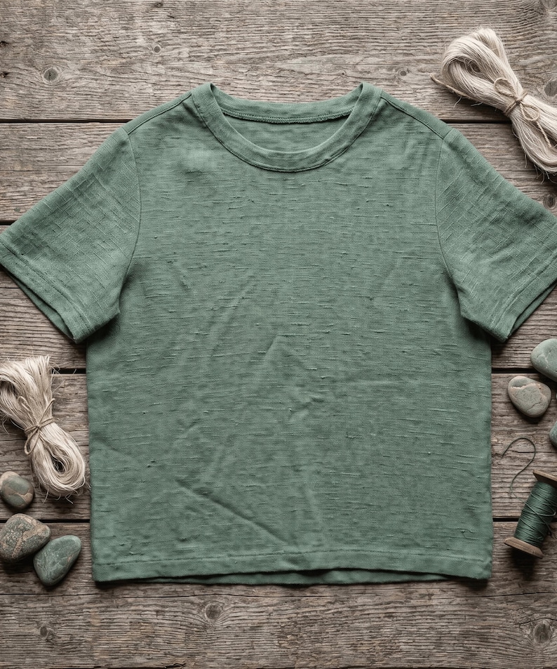 Puede incluir: Una camiseta verde salvia con cuello redondo y mangas cortas. La camiseta est&aacute; hecha de tela texturizada y se muestra sobre una superficie de madera r&uacute;stica. Hilo natural, piedras peque&ntilde;as y una bobina de hilo verde est&aacute;n dispuestas alrededor de la camiseta.