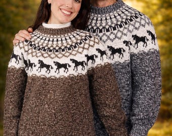 Patrón de tejido de suéter de caballo, jersey nórdico islandés Lopapeysa PDF, jersey unisex de invierno