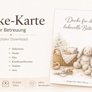 Könnte beinhalten: Digitaler Download Dankeskarte für Betreuer. Die Karte zeigt ein Häschen, Babyartikel und den Text "Danke für deine liebevolle Betreuung". Das Design beinhaltet ein PDF-Symbol und Text auf Deutsch.