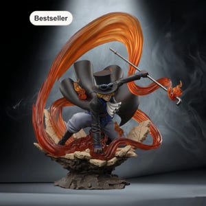May include: A detailed figurine of a character in a dynamic pose, surrounded by fiery orange and red effects. The figure wears a black top hat, cape, and jacket, with blue pants. The base is a rocky terrain. The word "Bestseller" is in a white oval.