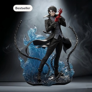 May include: A detailed figurine of a character in a black coat, pants, and a vest, with a white mask and red gloves. The figure is surrounded by blue flames and a chain. The word "Bestseller" is in a white oval in the upper left corner.