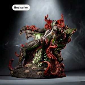 May include: A detailed statue of a character seated on a throne, featuring a dark color palette with red, green, and black accents. The throne is adorned with skulls and organic shapes, with the word "Bestseller" in a white oval.