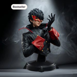 May include: A bust of a character with black hair, a red and gold mask, and a black outfit with red accents. The figure is on a black base, with a "Bestseller" label in the upper left corner. The background is dark with a smoky effect.