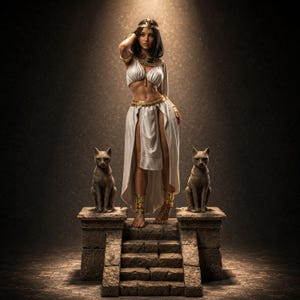 Può includere: Una statuetta di una persona che indossa un completo bianco a due pezzi con dettagli dorati, inclusi copricapo, collana, bracciali e decorazioni per le gambe. La figura poggia su una scala in pietra tra due statue di gatti seduti.