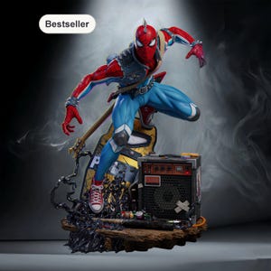 May include: A dynamic figurine of Spider-Man in a punk rock style, poised mid-air. The figure wears a red and blue suit with a denim vest, a mohawk, and red trainers. A guitar and amplifier are included in the base, with the word "Bestseller" in the corner.