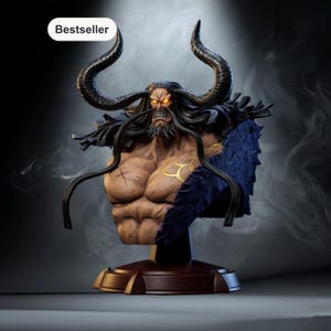 May include: A detailed bust of a muscular character with long black hair, a beard, and large horns. The figure has a fierce expression with glowing orange eyes. The base is brown with gold accents, and the word "Bestseller" is in the top left corner.