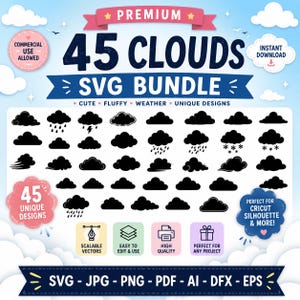 45 Cloud SVG Bundle, Unique Designs, Nursery Clipart (svg, png, eps, dxf, ai, pdf)