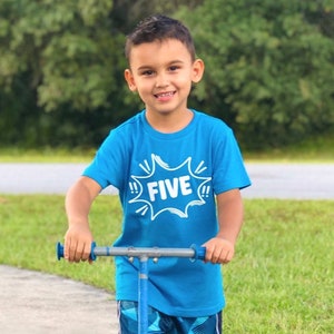 FIVE - comic - 5th Birthday shirt - Name on back - toddler birthday - birthday shirt boy - birthday shirt girl