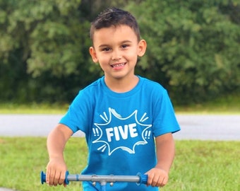 FIVE - comic - 5th Birthday shirt - Name on back - toddler birthday - birthday shirt boy - birthday shirt girl