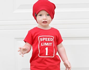 Speed Limit 1 - 1st Birthday shirt - Front and Back design - Name on back - 1 year old first birthday  - 1st bday - car theme - racing