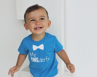 Bowtie - Mr ONEderful - 1st Birthday shirt boy- Front and Back design - Name on back - 1 year old first birthday  - 1st bday