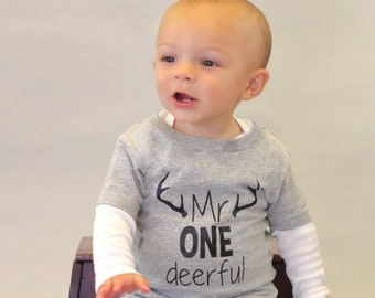 Mr ONEdeerful - deer - 1st Birthday shirt - antlers - Front and Back design - Name on back  - one year - Mr Wonderful - rustic hunting