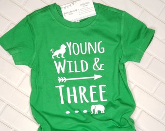 Young Wild & Three Jungle animals - 3rd Birthday shirt - Front and Back design - three year old - toddler birthday -jungle -  safari - zoo