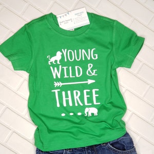 Young Wild & Three Jungle animals - 3rd Birthday shirt - Front and Back design - three year old - toddler birthday -jungle -  safari - zoo