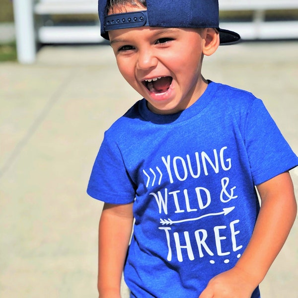 Young Wild & Three - 3rd Birthday shirt - Front and Back design - Name on back - three year old - toddler birthday - birthday shirt boy