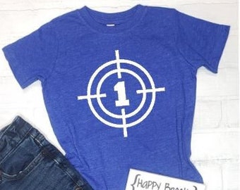 Target 1st Birthday shirt - Front and Back design - Name on back - one year old first birthday - hunting - aim - hits the mark