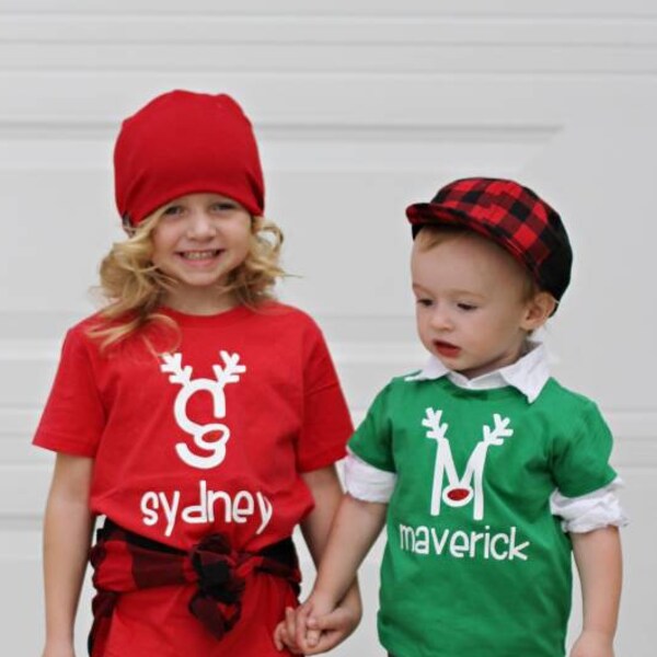 Reindeer antler shirt - Boy and Girl Christmas - sibling shirt - wear as shirt or matching pajama top - infant toddler and youth sizes