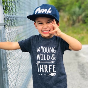 Young Wild & Three DINOSAUR - 3rd Birthday shirt - Front and Back design - Name on back - three year old - toddler birthday - dino
