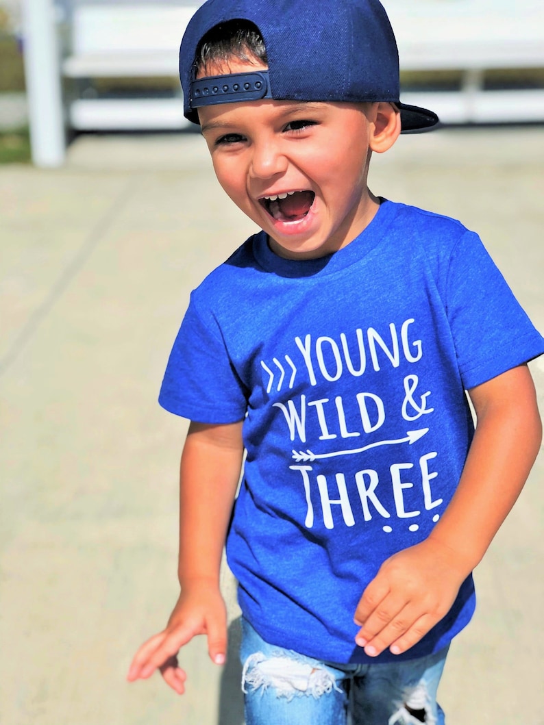 Young Wild & Three - 3rd Birthday shirt - Front and Back design - Name on back - three year old - toddler birthday - birthday shirt boy