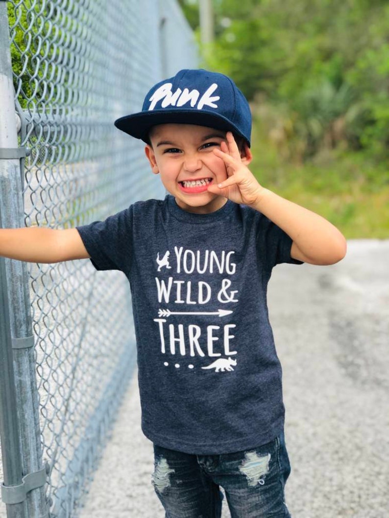 Young Wild & Three DINOSAUR - 3rd Birthday shirt - Front and Back design - Name on back - three year old - toddler birthday - dino