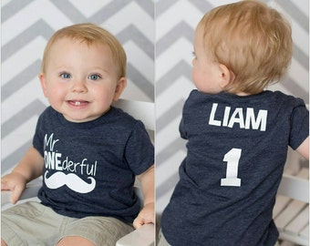 Mr ONEderful! - Mustache - 1st Birthday shirt boy - Front and Back design - Name on back - one year old first birthday - Mr Wonderful -