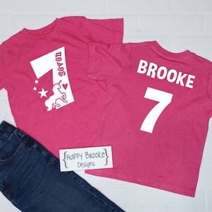 SEVEN unicorn - 7th Birthday shirt - Name on back - birthday girl