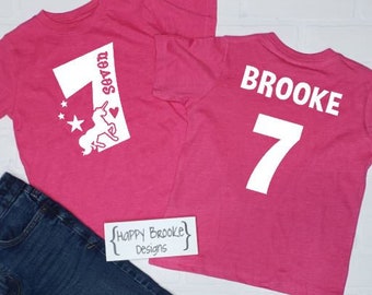 SEVEN unicorn - 7th Birthday shirt - Name on back - birthday girl