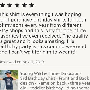 Young Wild & Three DINOSAUR 3rd Birthday shirt Front and Back design Name on back three year old toddler birthday dino image 9