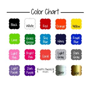 May include: Color chart with 18 different color swatches. The colors include black, white, red, orange, yellow, lime, grass green, sky blue, navy blue, royal blue, light pink, bright pink, coral, light gray, dark gray, light purple, dark purple, silver, and gold.