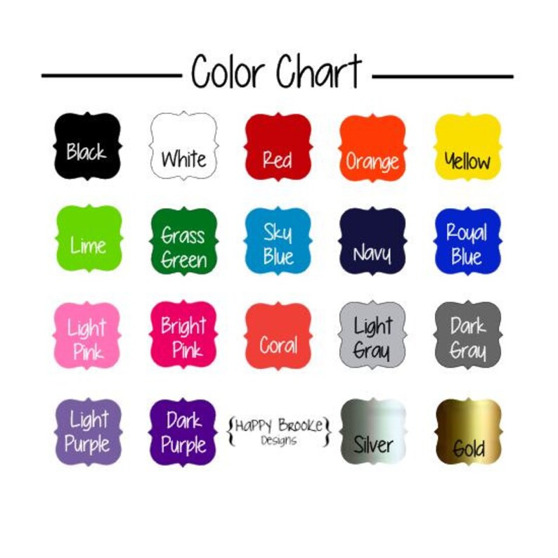 May include: Color chart with 18 different color swatches. The colors include black, white, red, orange, yellow, lime, grass green, sky blue, navy blue, royal blue, light pink, bright pink, coral, light gray, dark gray, light purple, dark purple, silver, and gold.