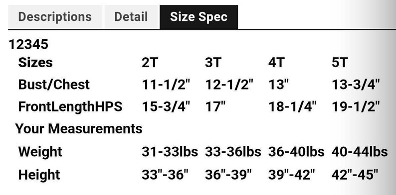May include: A size chart with measurements for children's clothing. The chart includes sizes 2T, 3T, 4T, and 5T, with bust/chest, front length, weight (31-44 lbs), and height (33-45 inches) measurements.