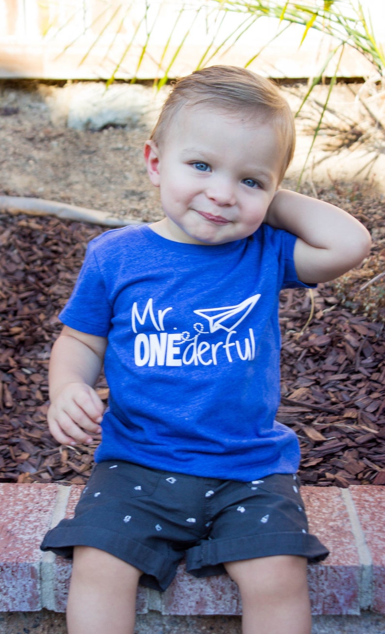 Mr ONEderful paper airplane 1st Birthday shirt Front and Back design Name on back first birthday one year Mr Wonderful plane image 1