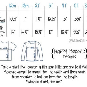 以下が含まれることがあります： 12か月から5TとS(6/8)までの年齢の子供服のサイズをインチで示した表。表には、胸囲と着丈の寸法が示されています。表には、シャツのサイズを測る方法を示す図も含まれています。