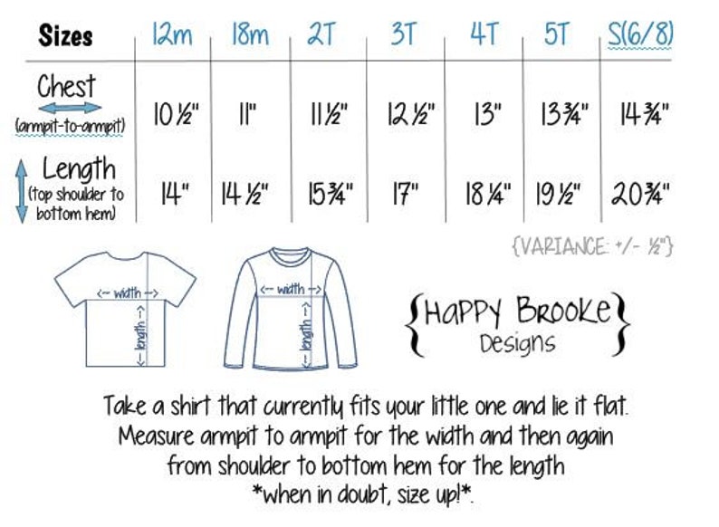 以下が含まれることがあります： 12か月から5TとS(6/8)までの年齢の子供服のサイズをインチで示した表。表には、胸囲と着丈の寸法が示されています。表には、シャツのサイズを測る方法を示す図も含まれています。