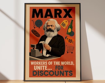 Karl Marx "Unite For Discounts" Poster v2 | Funny Political Wall Art