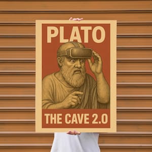 Peut inclure: Une affiche de style vintage avec le mot "PLATO" en grandes lettres blanches au-dessus d'une illustration d'un philosophe portant un casque de réalité virtuelle. Le texte "THE CAVE 2.0" est en dessous. L'affiche est rouge et beige.